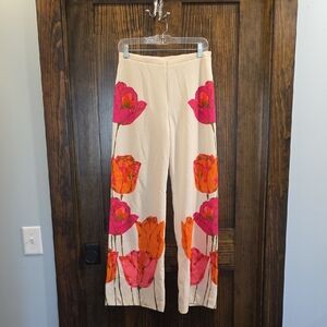 Vintage Cream Straight-Leg Pants with Pink & Orange Floral Print